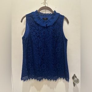 J. Crew Cobalt Blue Lace Sleeves Top with Ruffle Collar and Keyhole Neck